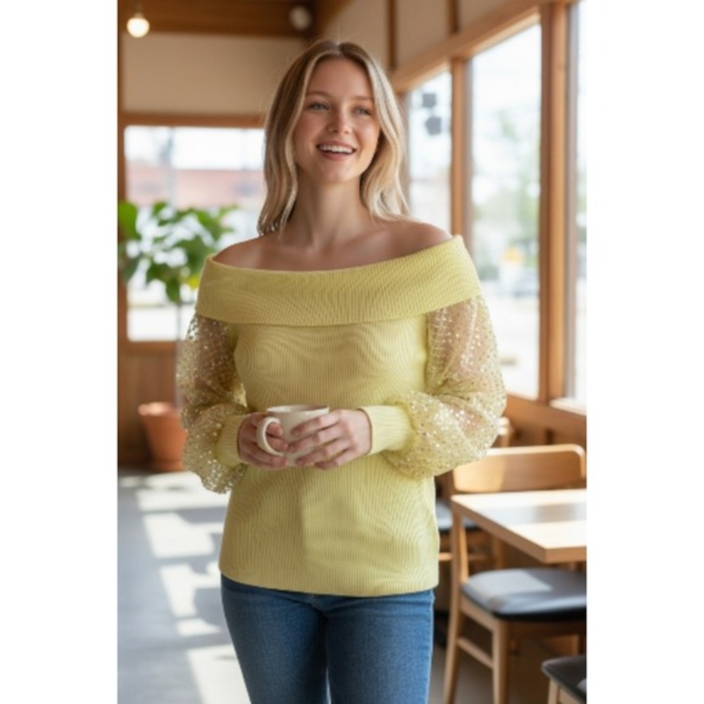 Madden‎ Girl Women 1X Lime Yellow Sequin Mesh Sleeve Off Shoulder Ribbed Sweater